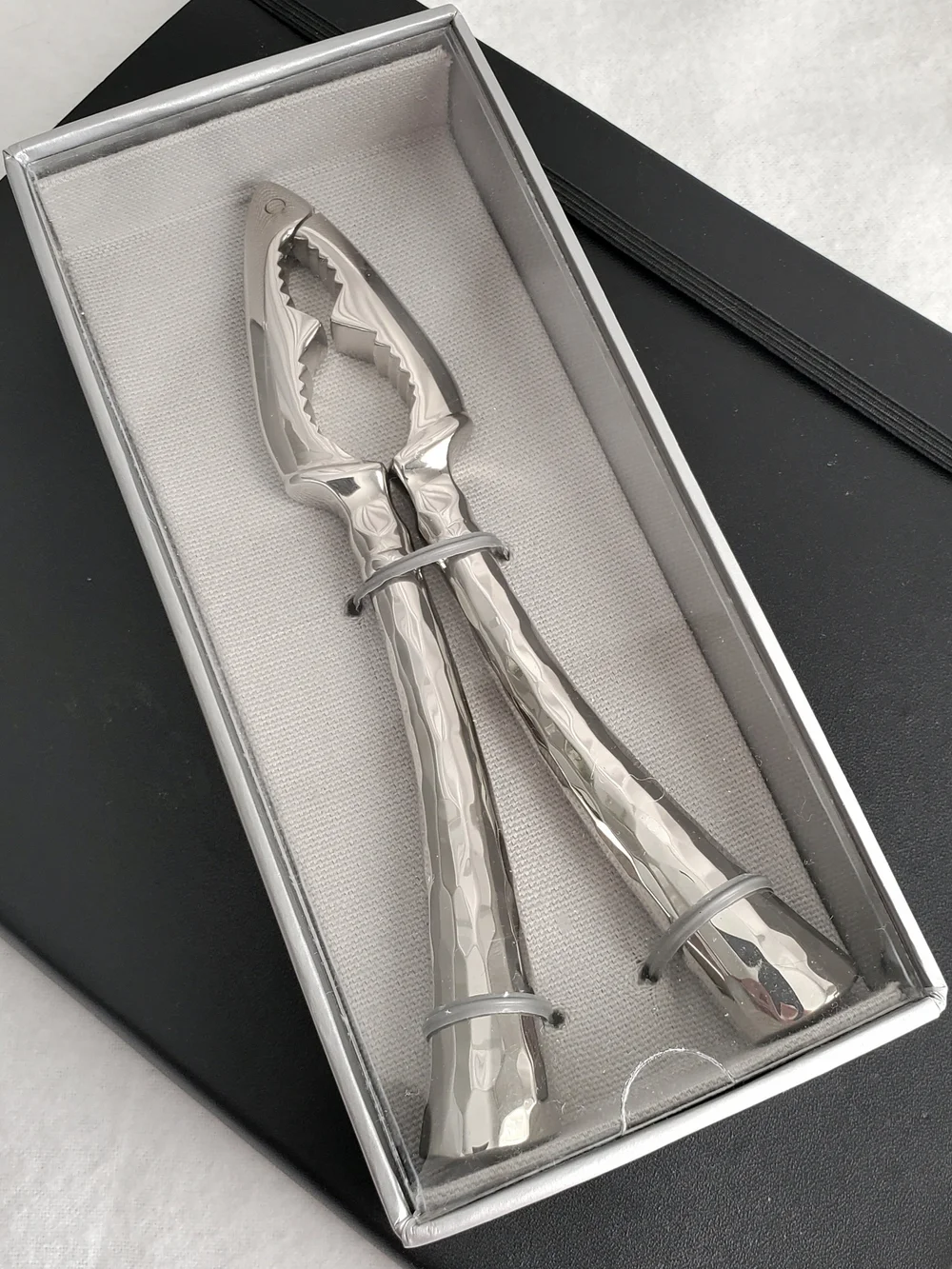Rare Crate & Barrel Polished Silver Hammered Seafood Nut Cracker Mod Elegant NEW